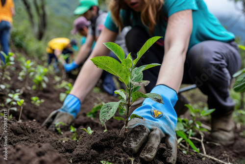 Fotograf  a de voluntarios plantando   rboles en zonas deforestadas para luchar contra la deforestaci  n  la tala masiva y el cambio clim  tico