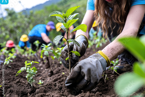 Fotografía de voluntarios plantando árboles en zonas deforestadas para luchar contra la deforestación, la tala masiva y el cambio climático photo