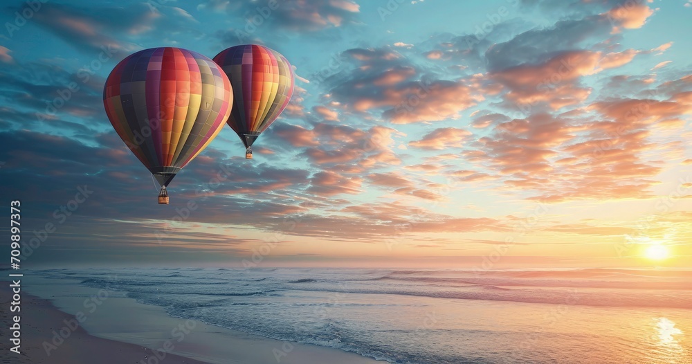 Hot air balloons over sea beach view