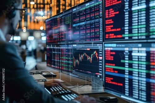 Stock market data on trader's monitors