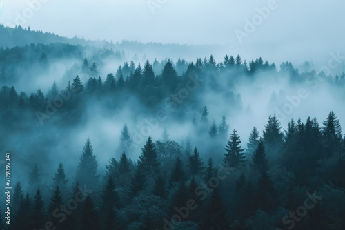 Blue misty pine tree forest 