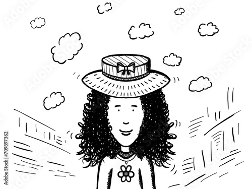 black and white illustration of a young girl outdoors, wearing a lovely hat adorned with a bow