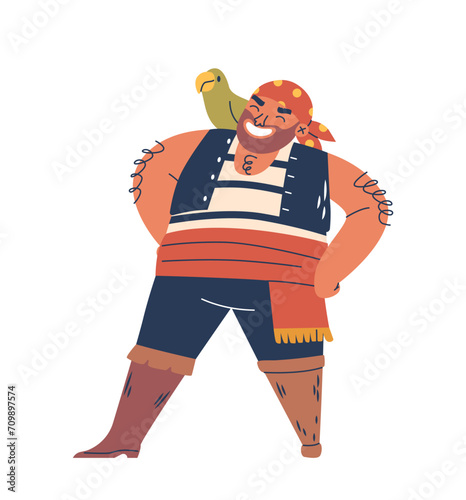 Rugged Pirate Character With A Colorful Parrot Perched On His Shoulder, Navigates The Seas With A Wooden Leg