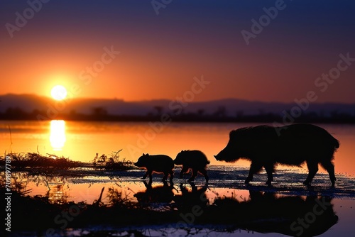 Silhouette of a mother and child wild boar strolling along the lakeside, ,Shiga Prefecture,Otsu, Shiga