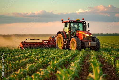 Farmer in tractor fertilizing corn field at sunset under sky