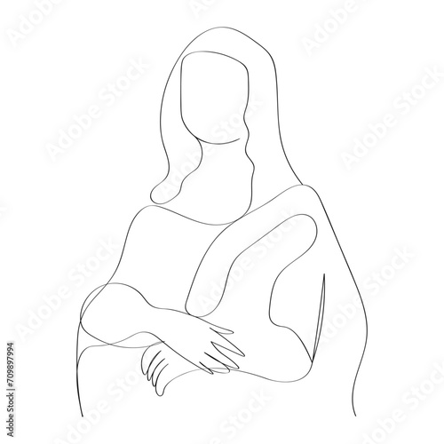 Colorless contour line mona woman drawing