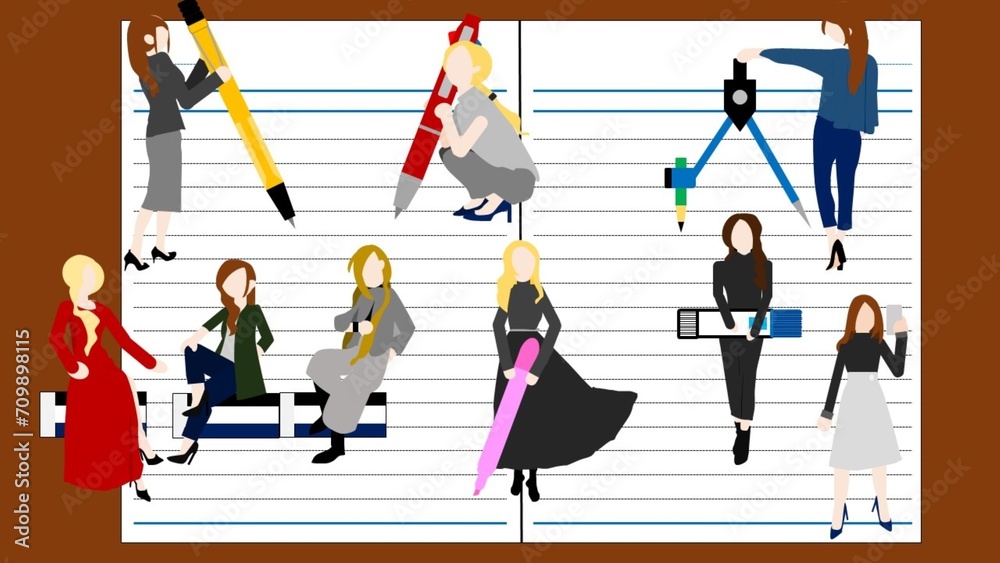 Fototapeta premium 大型文房具を使う人のイラスト,