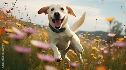 Labrador retriever running in a meadow full of flowers