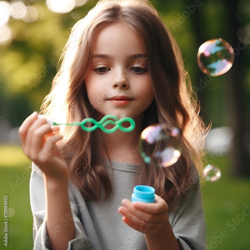 Young girl creating bubbles with a wand in the park