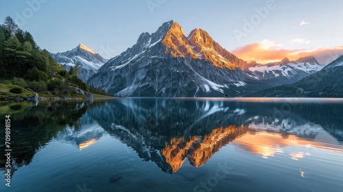 Sunset at a calm mountain lake in with mirror-like reflection