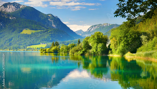 nature scene with reflection - lake wolfgangsee, the land fin