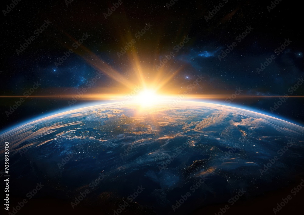 Sunlight ascending over Earth in outer space
