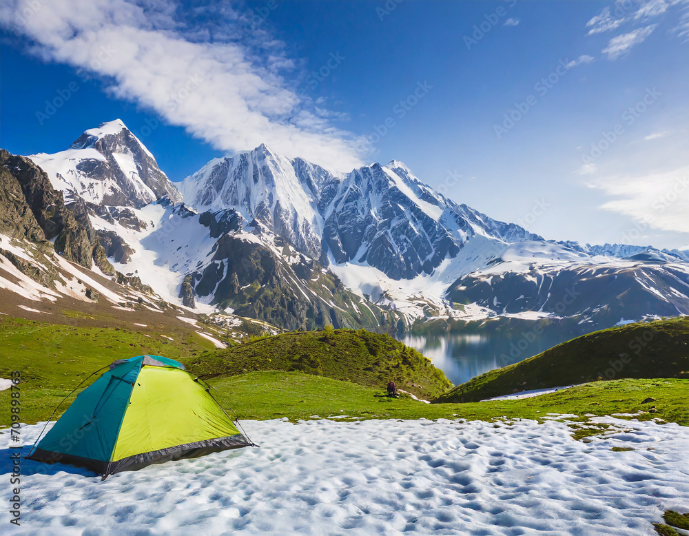 nature scenery with snow-capped mountains and tent, mountaineering sport background