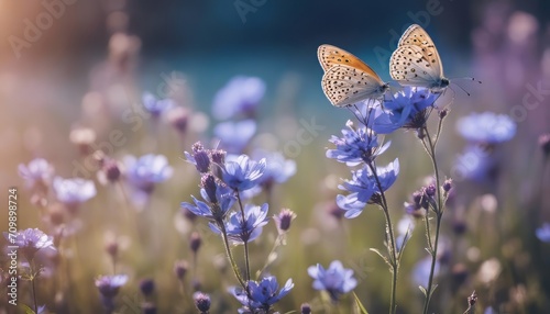 Wild light blue flowers in field and two fluttering butterfly on nature outdoors, close-up macro photo