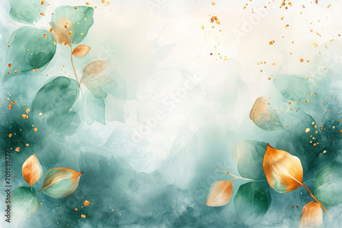 Abstract background watercolor with green leaves decorative gold drops.