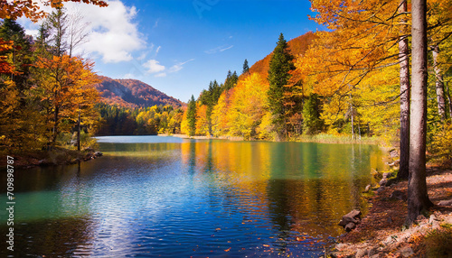nature scenery with autumn colors and lake in the forest