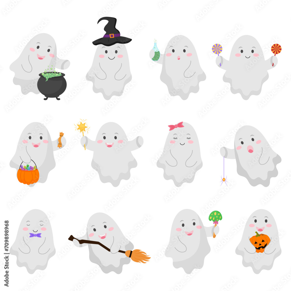 Set of cute funny happy ghosts. Halloween ghosts. Vector illustration. Set of cute funny happy ghosts. Halloween ghosts. Vector illustration.