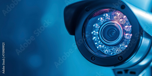 Close-up of a modern CCTV security camera with infrared night vision technology. photo