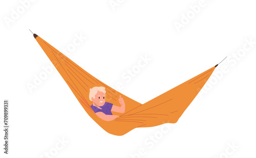 Relaxed preteen boy cartoon character gesturing thumbs up enjoying rest in comfortable hammock swing
