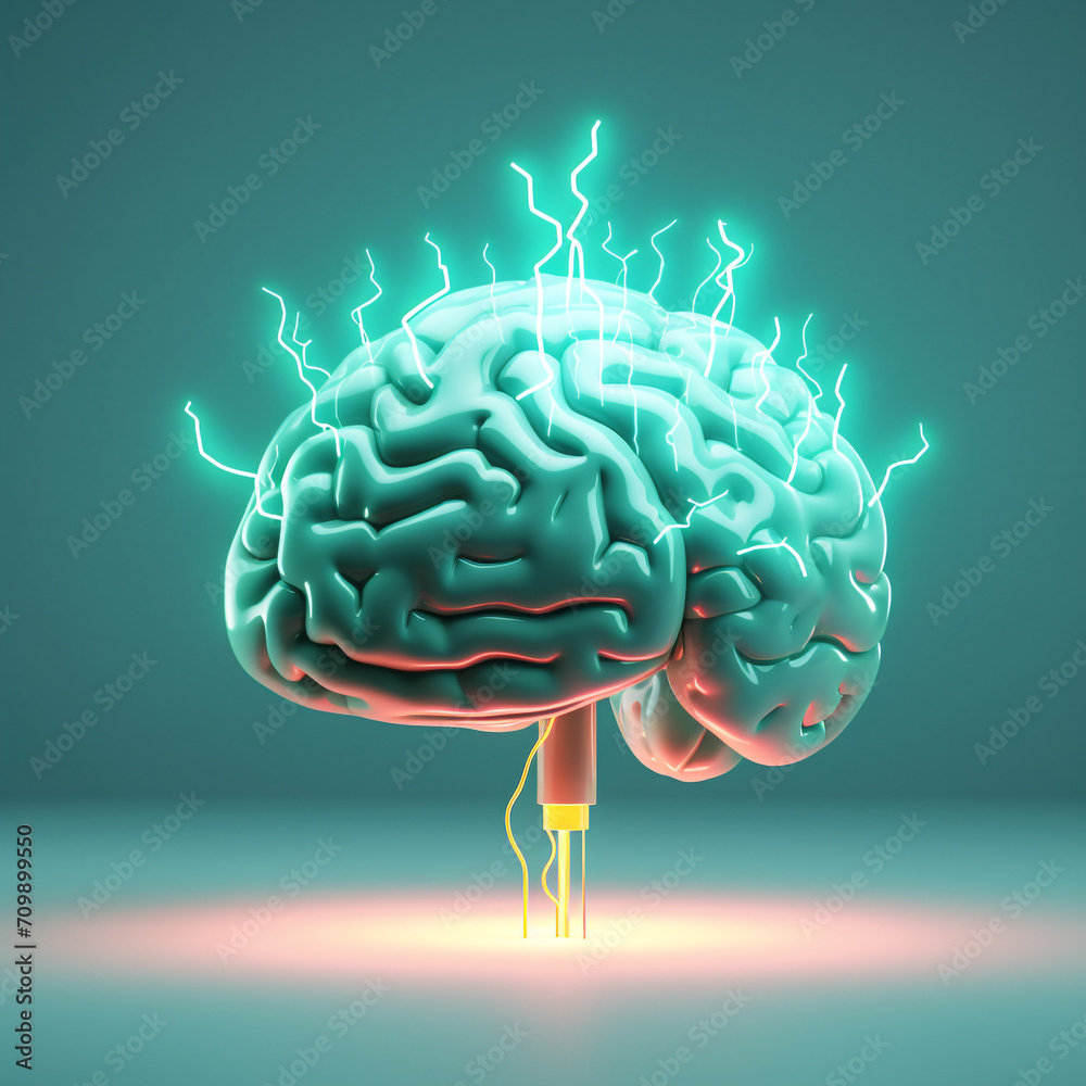 Minimalistic 3D illustration of brain with lightning attacking it created with Generative Ai Minimalistic 3D illustration of brain with lightning attacking it created with Generative Ai