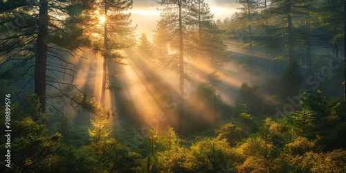 Sunlight streaming through trees, San Bernardino National Forest, California, USA photo