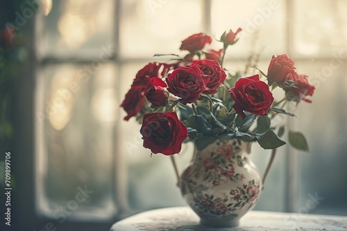 Red roses in a vintage-inspired vase with soft focus creating a dreamy atmosphere capturing the romantic allure of this timeless floral arrangement on Valentine's Day
