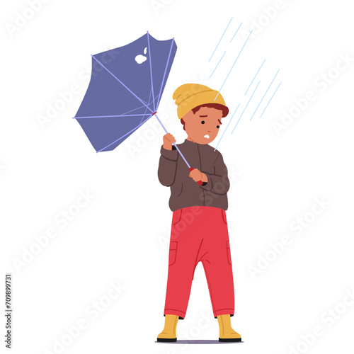 Hapless Boy Character Battles Storm and Wind, His Fractured Umbrella A Feeble Shield. Youthful Resilience Against Nature