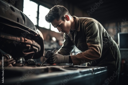 shot of a young mechanic working on a car in an auto repair shop