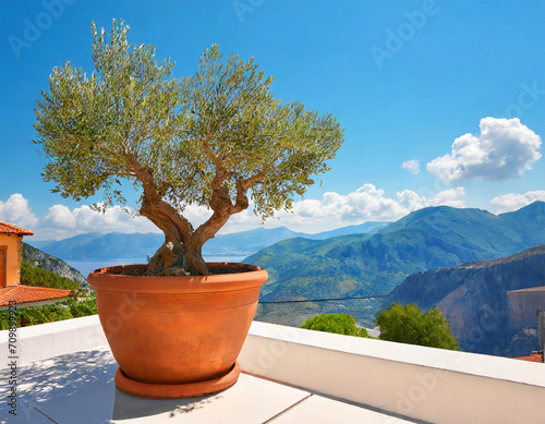 Olive tree in terra cotta clay pot on white terrace under clear blue sky with beautiful mountains view. Summer vacation conceptual background