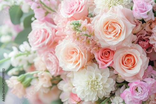 bouquet of mini trendy roses with florals on a pastel background, spring banner with flowers  © reddish
