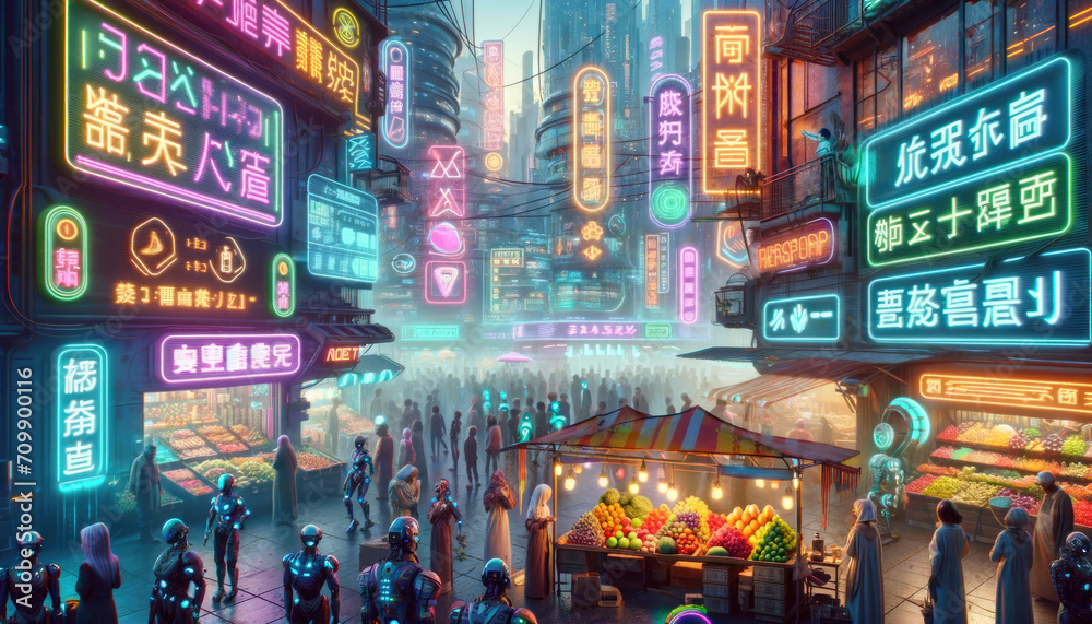 Cyberpunk City Marketplace: Neon-Lit Vendors Selling Exotic Fruits and Gadgets