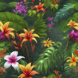 Tropical rainforests with colorful flowers in the morning. In impressionist style. 