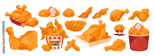 Cartoon chicken fast food. Delicious roasted whole chicken, tasty nugget and leg roasted snack, cafe takeaway and restaurant food. Vector isolated set of chicken meat delicious illustration