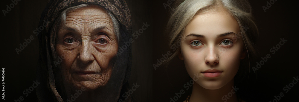portrait of a grandmother and a young girl in the dark portrait of a grandmother and a young girl in the dark