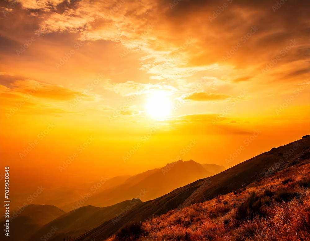 Fototapeta premium Orange sky with bright sun symbolizing climate change and global warming