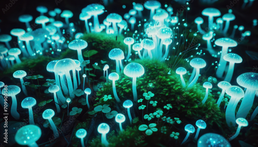 Enchanted Forest Floor: Bioluminescent Mushrooms and Moss Texture Stock ...