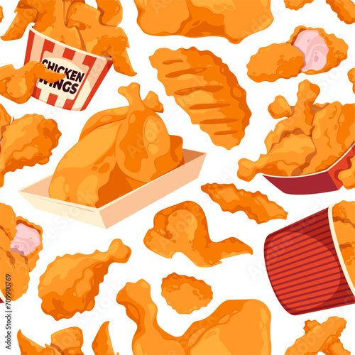 Fried chicken pattern. Seamless print of fast food fried drumstick and nuggets, cartoon crispy poultry food backdrop for fabric textile design. Vector texture of food leg, snack seamless illustration