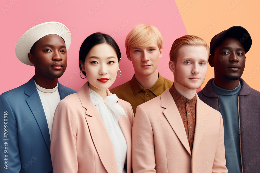 Obraz premium Stylish modern Caucasian and African young people standing together wearing fashionable outfits isolated in copy space background, equality advertisement concept, youngsters with different skin colors