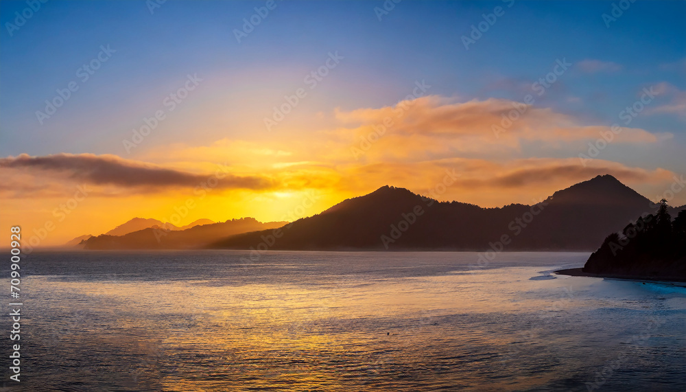 Panorama of a sunset over the ocean with mountains in silhouette visible