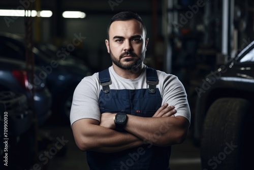 shot of a mechanic standing with his arms crossed in a garage workshop
