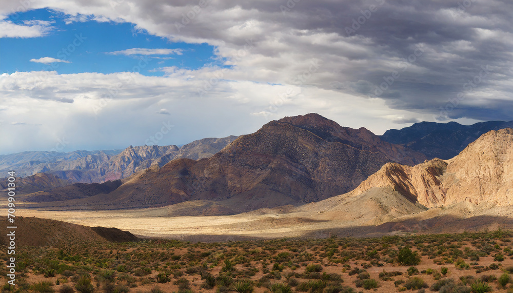 Panorama of desert mountains with dramatic sky in the background