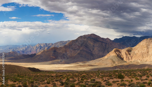 Panorama of desert mountains with dramatic sky in the background