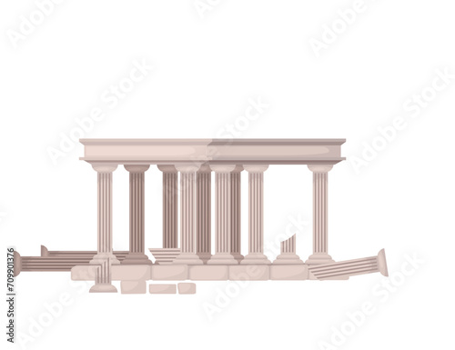 Ancient temple ruin with broken column roman and greek architecture marble stones vector illustration isolated on white background