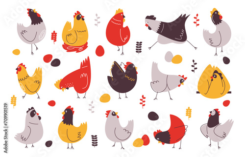 Cartoon chicken collection. Cute domestic animal characters in different poses and postures, domestic flock with eggs and chicks in nest. Vector isolated set of domestic chicken farm illustration