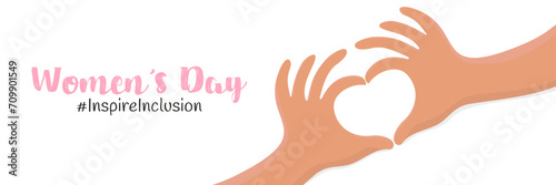 Inspireinclusion. Vector illustration. 2024 International Women's Day. a horizontal banner. Female hands with light skin in the shape of a heart. With an inscription on a white background.