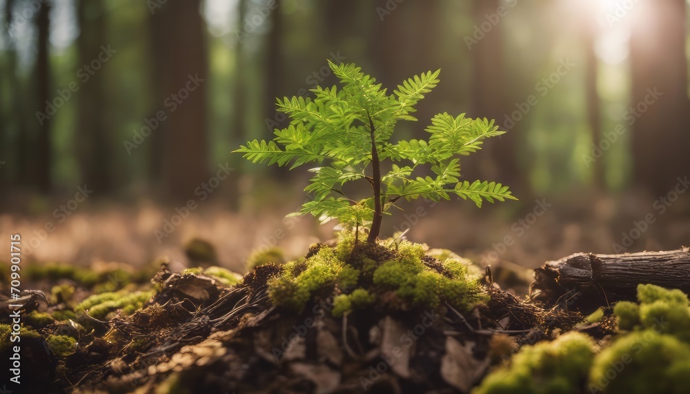 Fototapeta premium Young rowan tree seedling grow from old stump