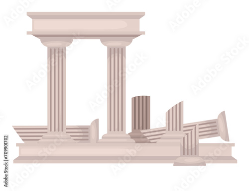 Ancient temple ruin with broken column roman and greek architecture marble stones vector illustration isolated on white background