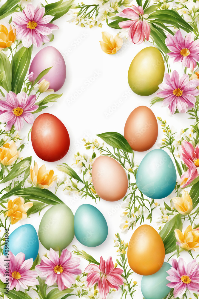 Easter watercolor spring background. Top view composition. Easter card. Paper sheet with paintbrush, eggs and spring flowers on the white background. Generative Ai