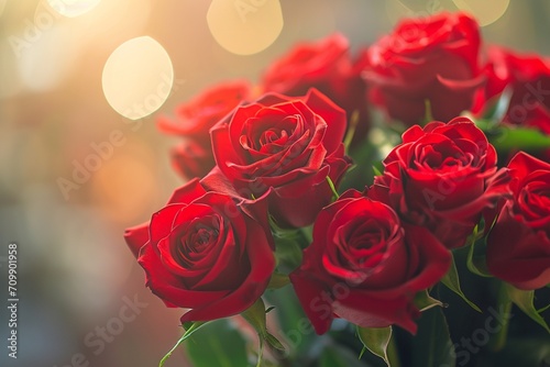 Valentine s Day bouquet of vibrant red roses bathed in soft natural light capturing the timeless symbol of love and passion in a stunning floral arrangement