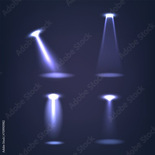 Spotlights Beams Realistic 3d Vector Set. Focus Light Highlight Specific Areas Or Objects, Creating Dramatic Effects